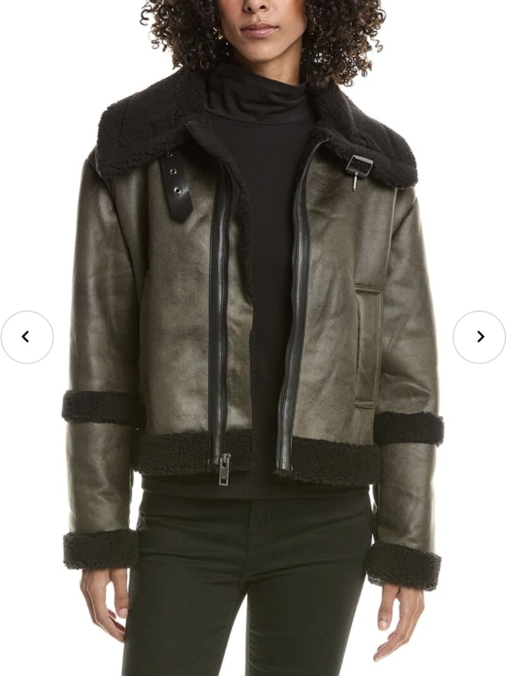 Frye Olive Green Faux-leather, Faux-Shearling Trim Jacket